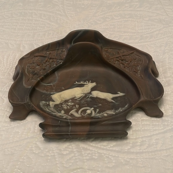 Vintage & Rare Genuine Incolay Stone DEER ELK BUCK DOE Carved Desk Organizer - Picture 4 of 12